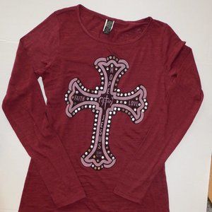 Christian TShirt Cross Maroon Long Sleeve
